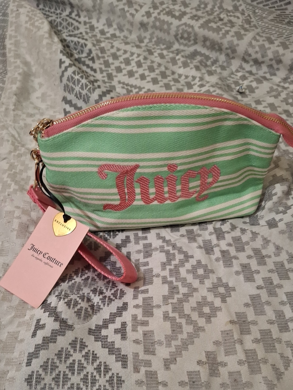 Juicy Couture Mint Green & Pink Striped Wristlet Pouch